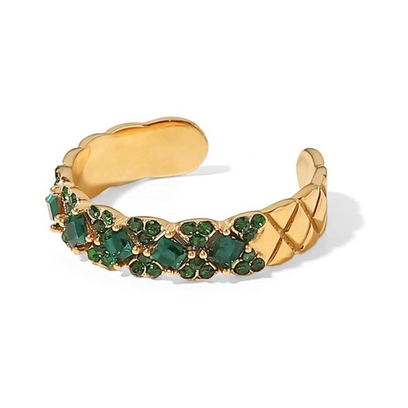 Green Zircon Lattice Texture Flower Ring 18K Gold Adjustable‎ - Picture 2 of 7